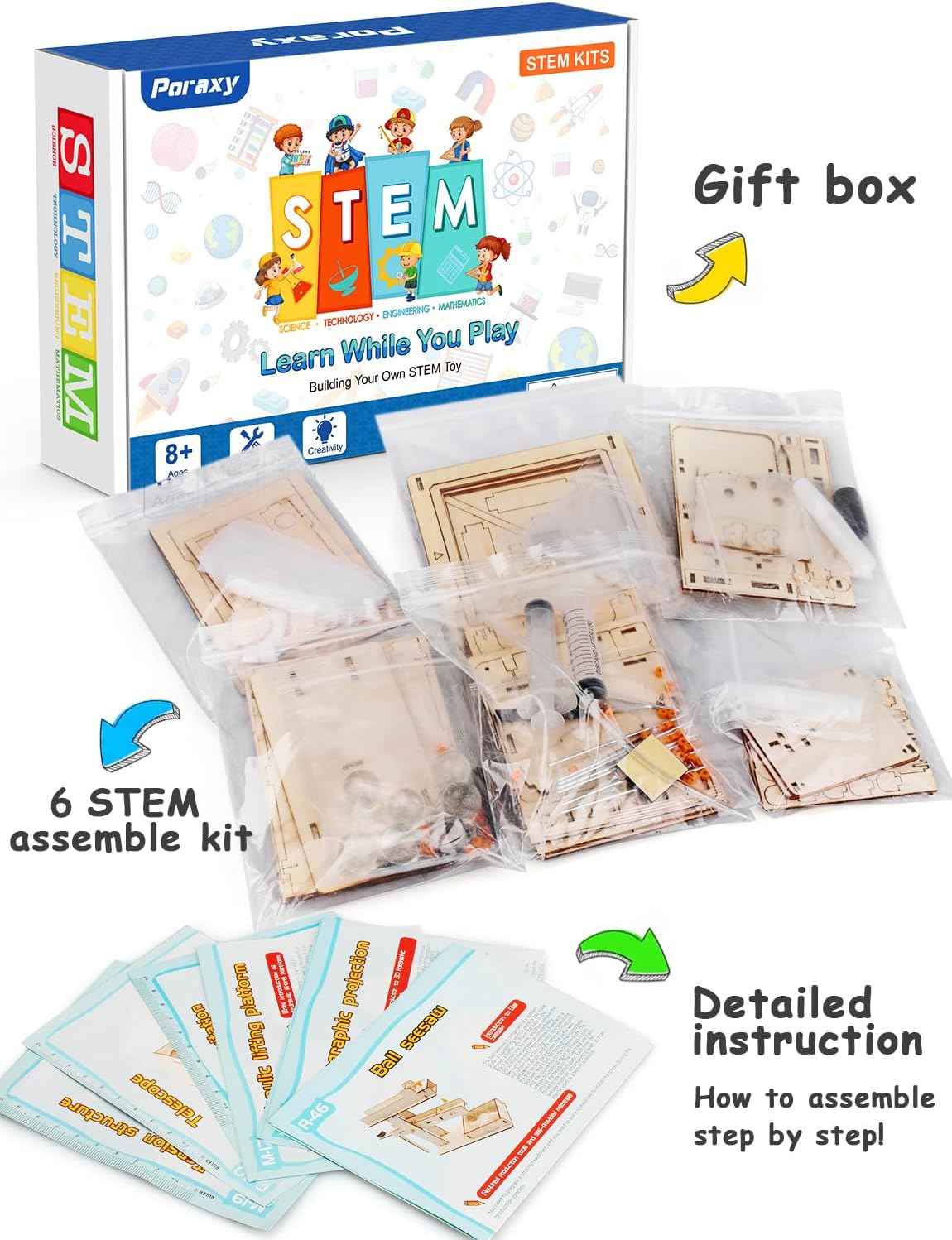 Poraxy 6 in 1 STEM Kits for Kids | Educational Science Building Projects & 3D Wooden Puzzles | Ages 8-13