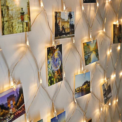 Hiboom LED Christmas Fairy Lights - 8 Modes Battery Operated Photo Clips for Home Wall Decoration | Warm White (3.3 x 3.3 ft)
