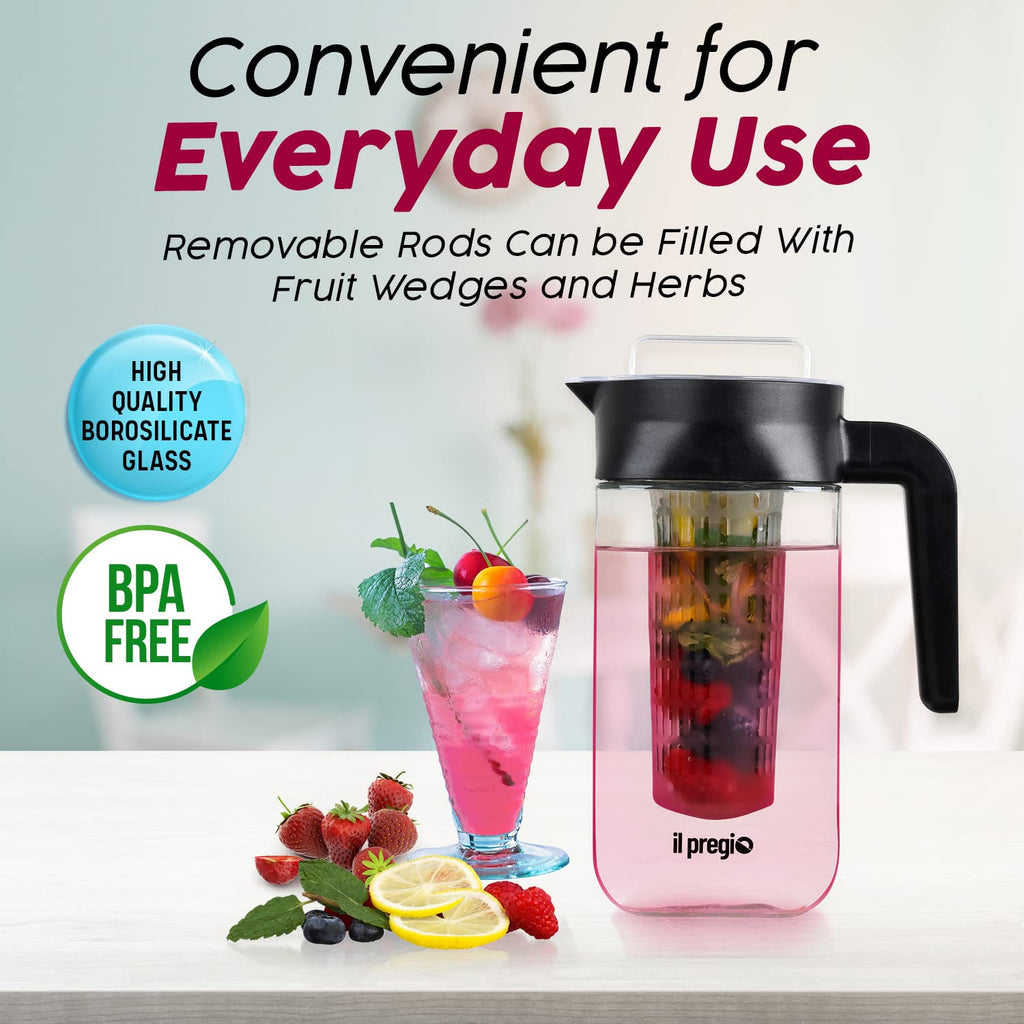 Small Fruit Infuser Water Pitcher - 36 Ounce Food Grade Borosilicate Glass Infusion Jug for Iced Juice, Beverages, Lemon, Fruit Wedges & Herbs | 4.5 Cups
