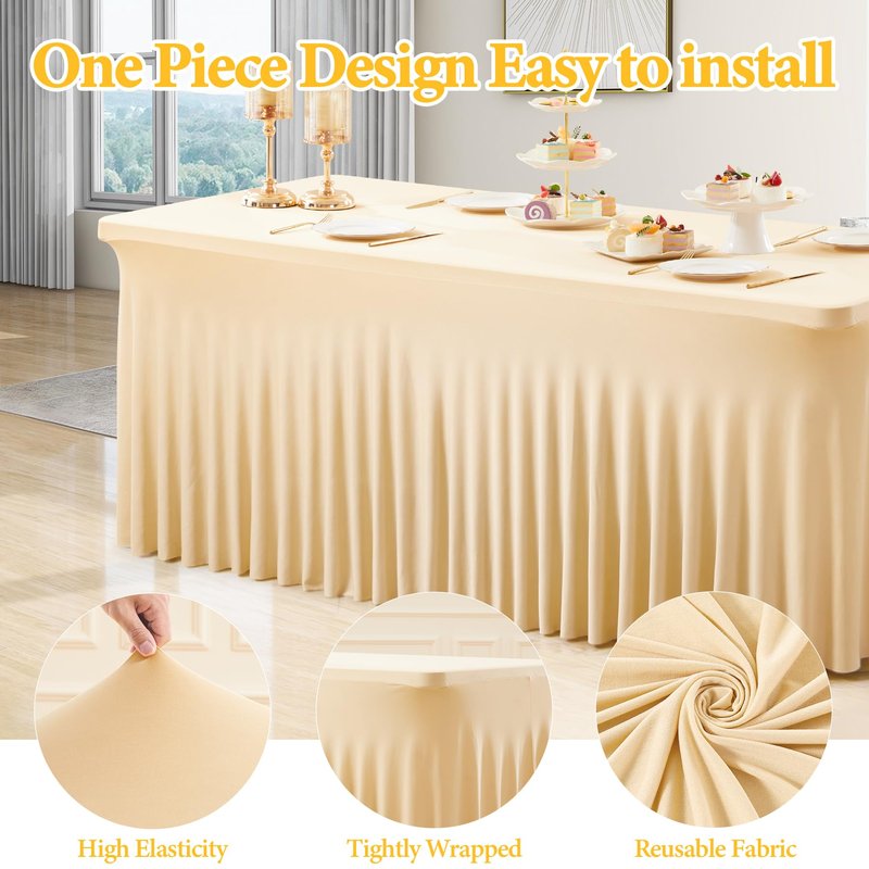 Shillance 2 Packs Champagne Spandex Table Clothes for 8 Foot Rectangle Table, Spandex Table Covers 8FT Stretch Table Skirts Wrinkle Free Fitted Tablecloth for Event, Wedding, Banquet & Parties