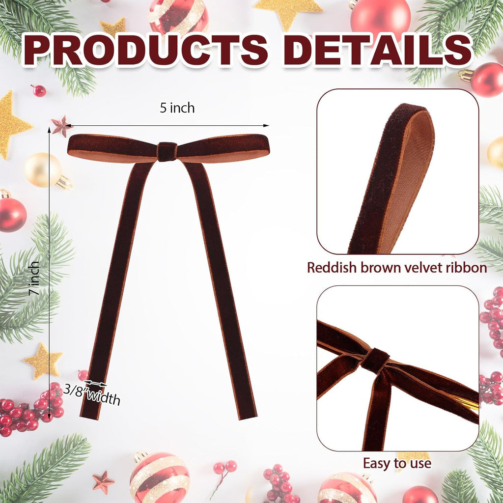 Skiennix 24 Pcs Velvet Bows - Vintage Ribbon Bows for Christmas Tree & Crafts | 5x7 Inch, Reddish Brown