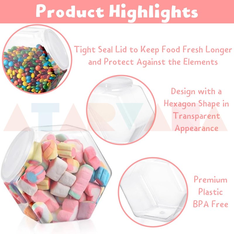 Atarvana Plastic Candy Jars 72oz Set of 4, Hexagon Candy Containers with Airtight Lids for Candy Buffet, Kitchen Storage Containers Set
