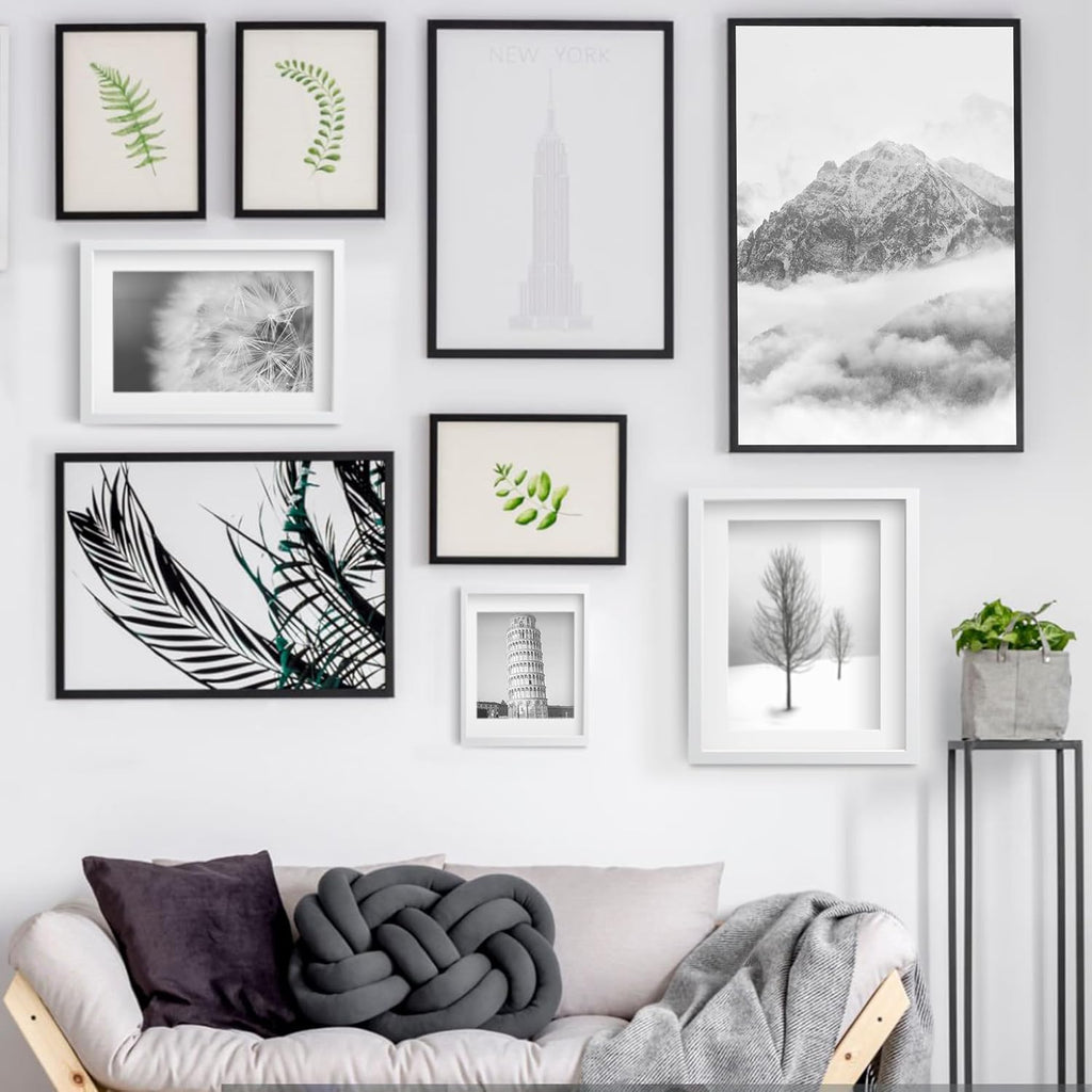 Wiscet 11x14 Picture Frame Set of 9 - Display 8x10 Photos with Mat or 11x14 Without Mat | Black Wall Mount & Tabletop