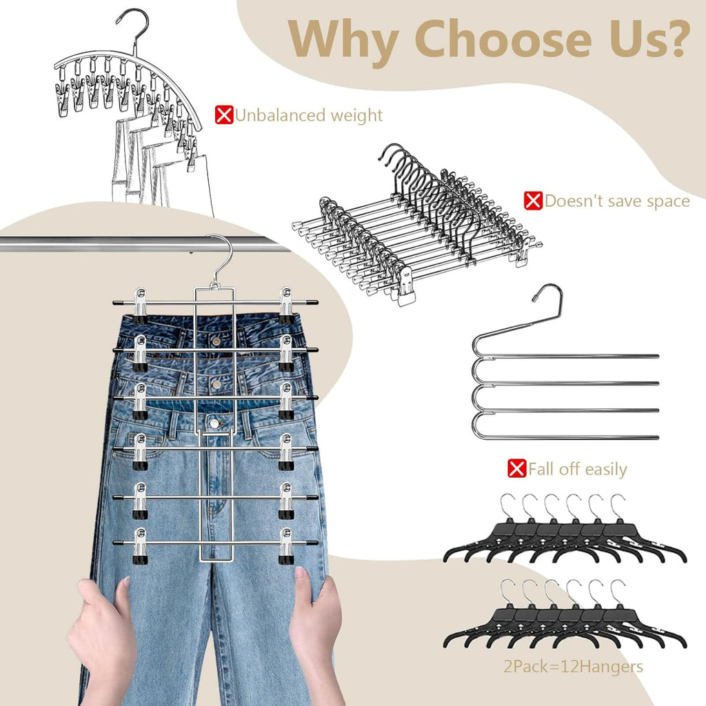 Skiennix Pants Hangers with Clips - Space-Saving 6-Tier Closet Organizer | 360° Swivel Hook - 6 Pack