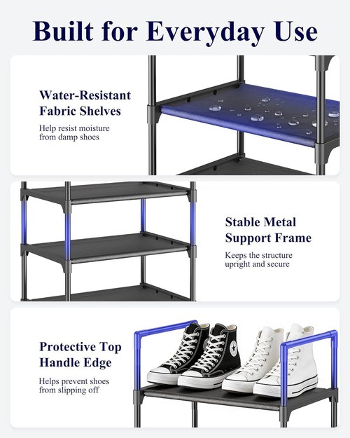 Kitsure Shoe Rack - 10-Tier Tall Organizer with Detachable Fabric Shelves | 16.9" Wide, Black