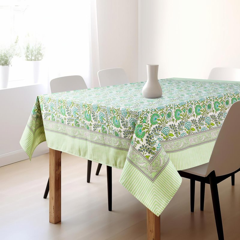 Newtay 60'' x 60'' Cotton Tablecloth Handmade Cotton Floral Tablecloth Washable Print Rectangle Table Cover with Dust Proof Wrinkle Resistant for Kitchen Dining Party Buffet(Green Pattern, Green)