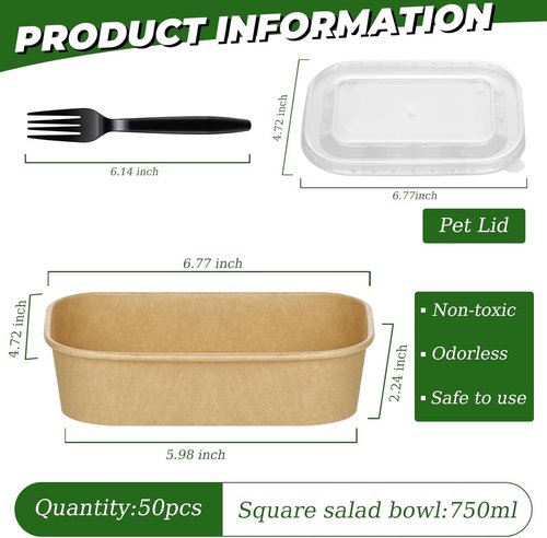 DI QIU REN 50-Pack 25oz Paper Bowls - Disposable Food Containers with Lids & Forks for Meal Prep