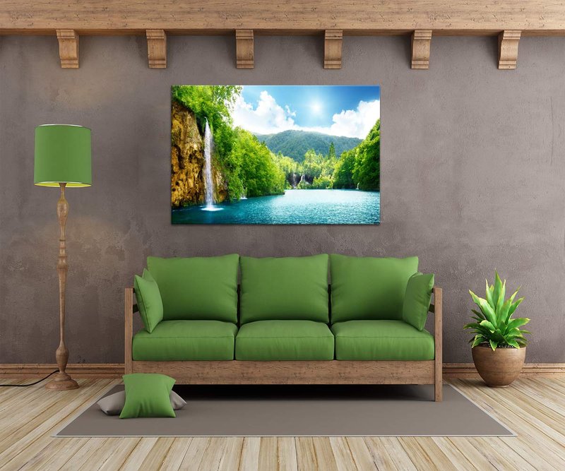 Yatsen Bridge Waterfall Painting for Living Room Wall Art Home Decor Prints Green Forest and Lake Pictures Artworks Wall Decoration Framed Ready to Hang for House(36''W x 24''H)