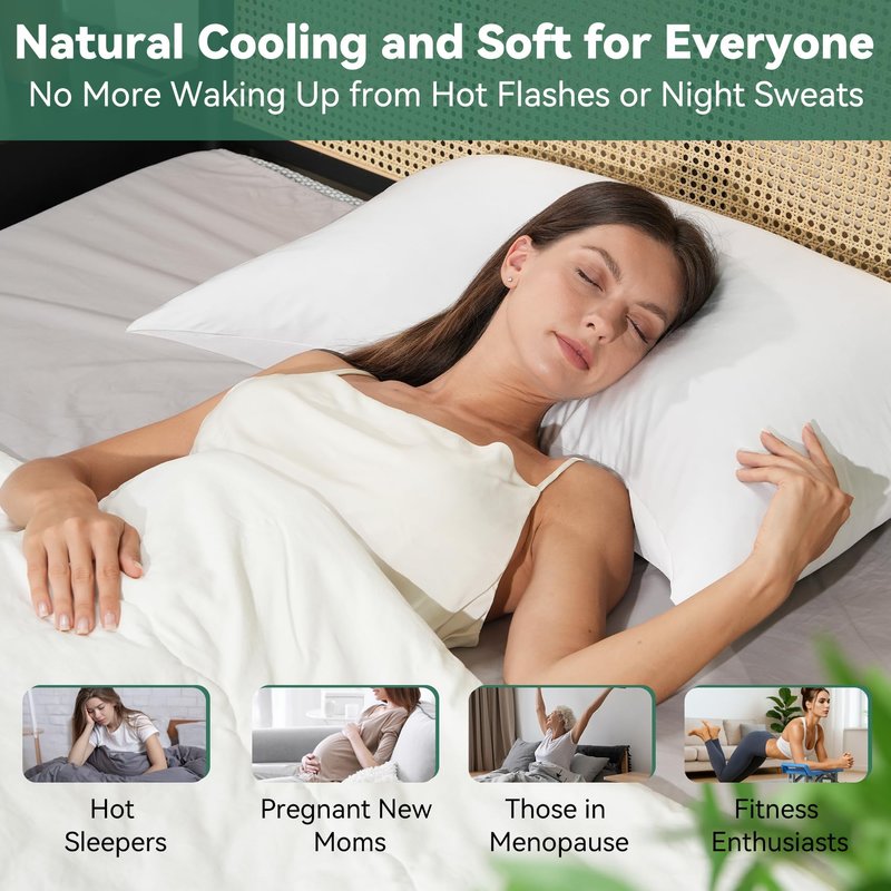 Cooling Curved Pillowcase for Side Sleeper Pillow - Rayon Derived from Bamboo Pillowcase with Zipper, Breathable and Soft Silky Cover for Hot Sleeper Protecting Hair & Skin Queen Size 1 Pack, White