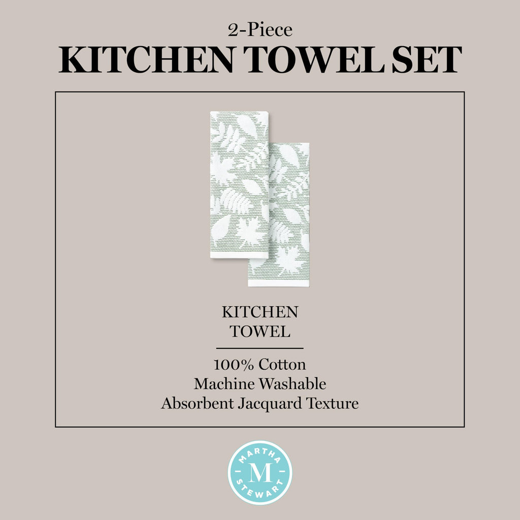 Martha Stewart Woodland Harvest Jacquard Leaves Kitchen Towel 2-Pack Set, 100% Cotton with Absorbent Honeycomb Texture, Decorative Kitchen Towels, Green, 16"X28"
