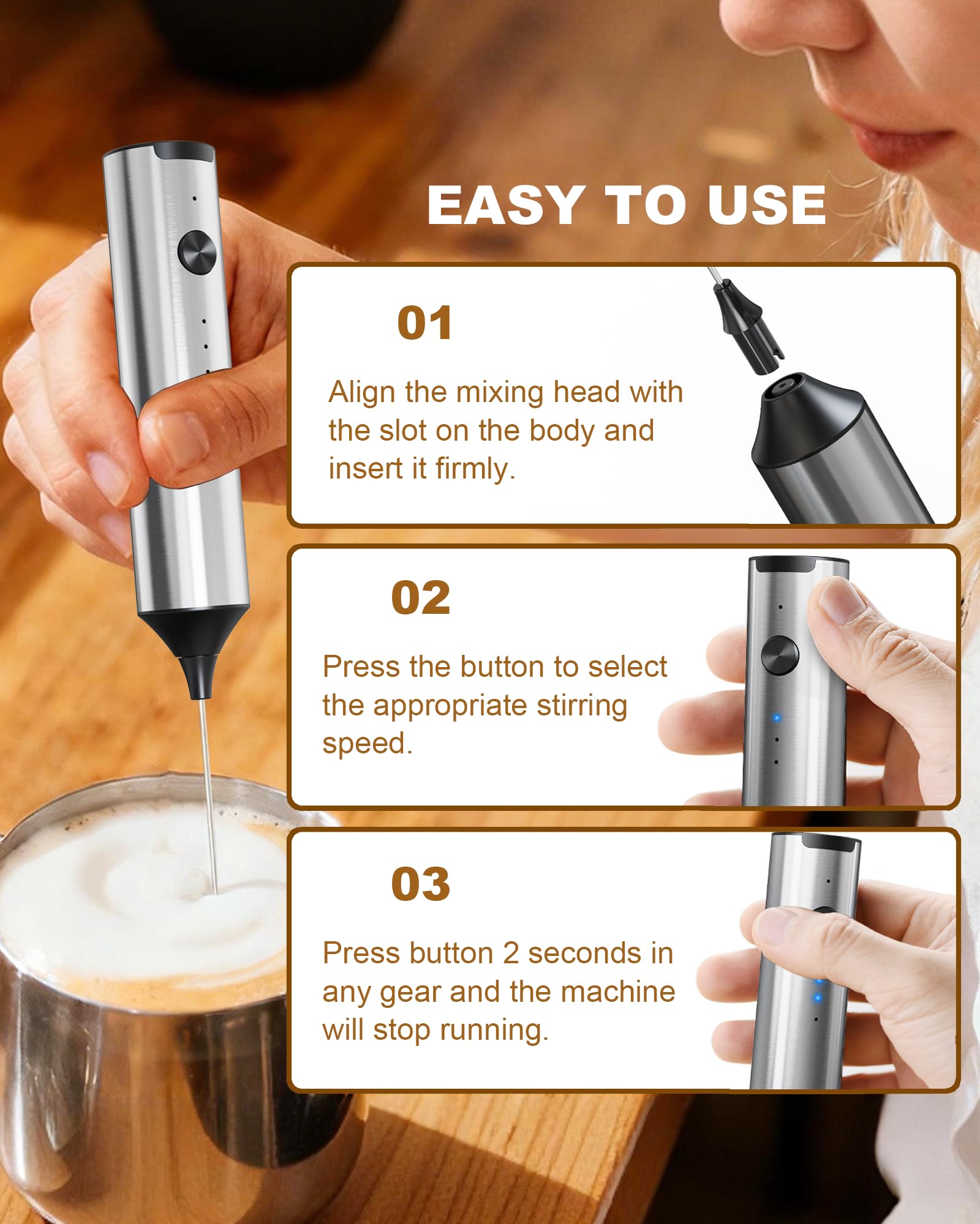 Soenglyun Rechargeable Milk Frother with Stand, Handheld 3-Speeds Coffee frother with 2 Whisks, Electric Frother Wand for Coffee, Latte, Cappuccino, Hot Chocolate, Matcha and Egg Mini Frother, Silver