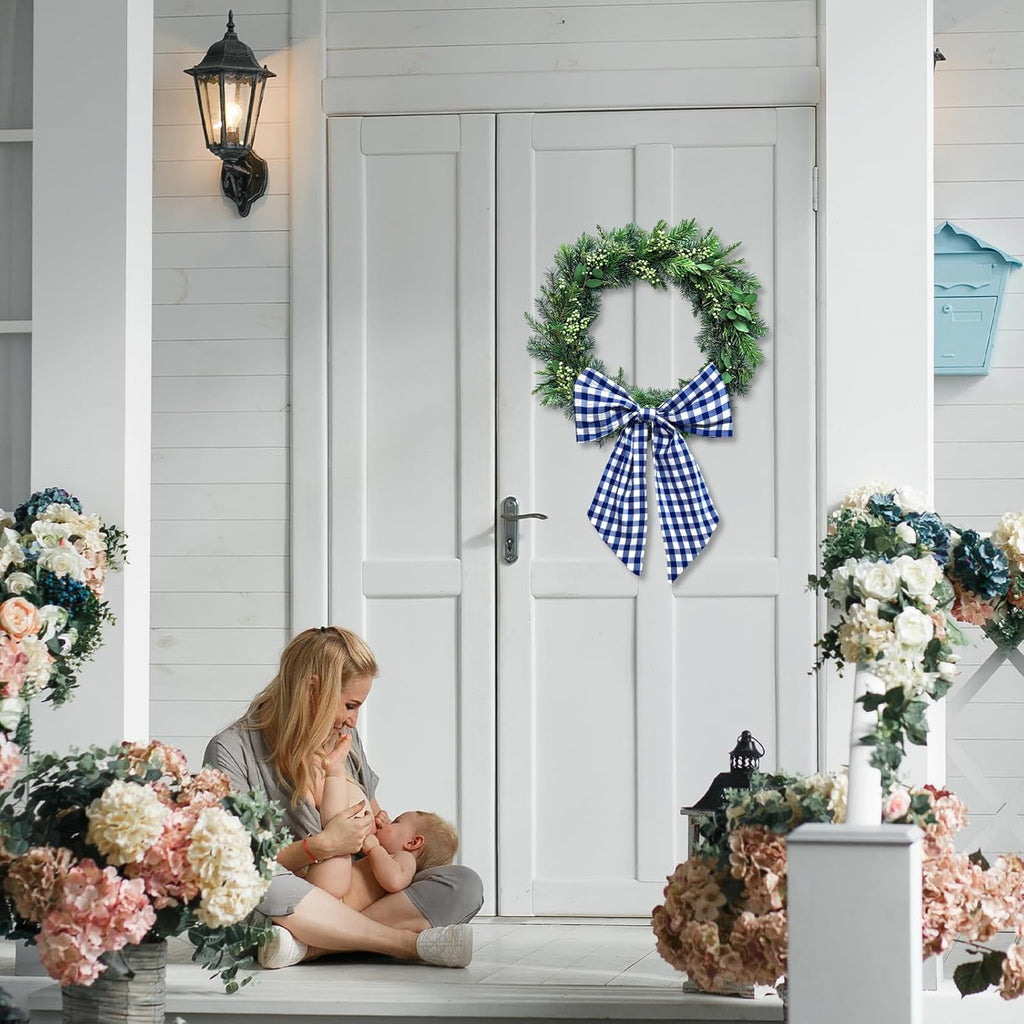 Skiennix Wreath Sash - Blue & White Buffalo Plaid Seersucker Design | 5.1 x 54.3" Indoor/Outdoor Decor