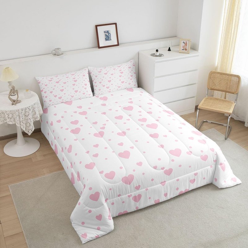 Feelyou Hearts Bedding Set Twin, Cute Love Hearts Comforter for Boys Girls Pink and White Reversible Comforter Set Geometric Pattern Duvet Set Decorative with 1 Pillow Case Reversible
