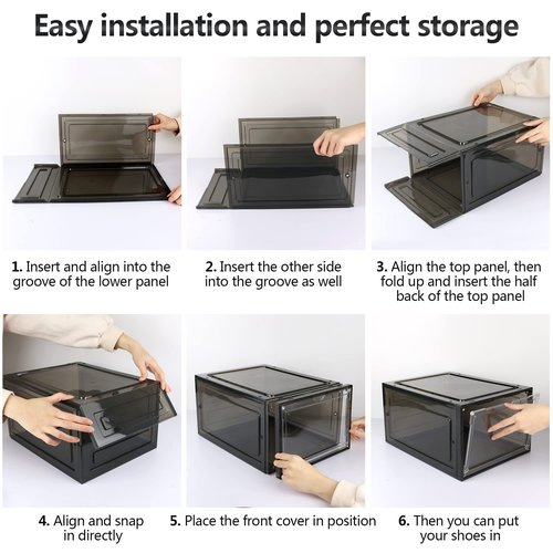 Evron Sturdy Shoe Storage Boxes Organizer Box, Fit Closet Organizers Case, Easy Snap-on Assembly Shoe Boxes Clear Plastic Stackable Rack Containers Drawers for Display Sneaker (Black, 6 Pack)