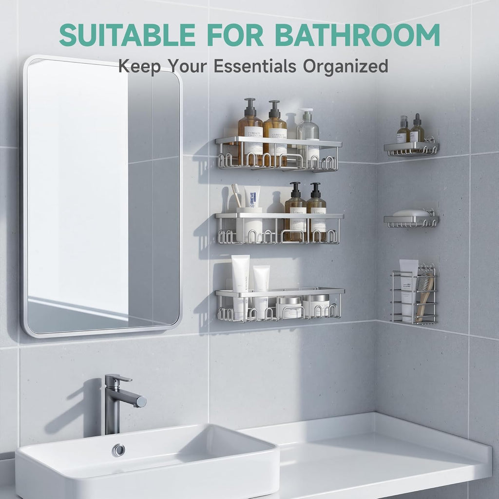 Veken Shower Caddy - Award-Winning Large Wall Mounted Organizer | 6-Pack Bathroom Storage with Soap Dish & Toothbrush Holder