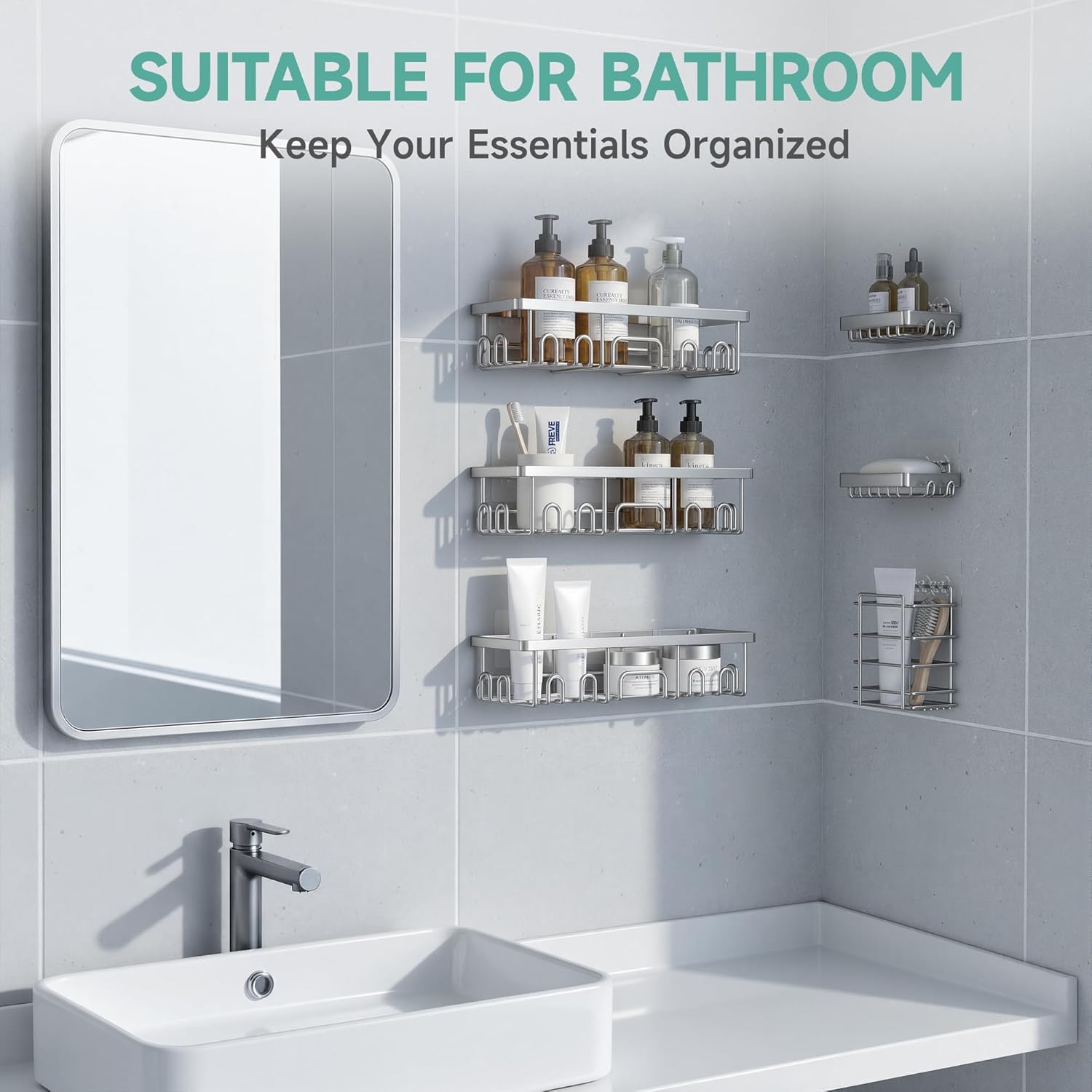 Veken Shower Caddy - Award-Winning Large Wall Mounted Organizer | 6-Pack Bathroom Storage with Soap Dish & Toothbrush Holder