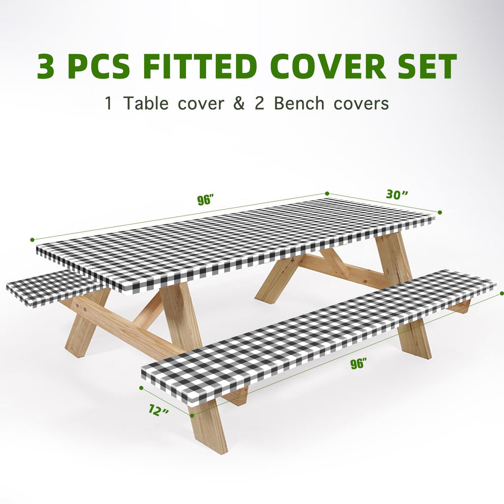 UMINEUX Picnic Table Cover with Bench Covers Fitted Table Clothes for 8 Foot Rectangle Tables Vinyl Flannel Backing with Elastic Edge -for Outdoor/Indoor Party Dining(30 x 96 Inch,3-Pcs,Black Plaid)