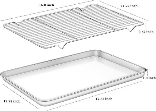 Deedro Baking Sheet Set - Stainless Steel Cookie Half Sheets with Cooling Racks | 2 Sheets & 2 Racks, 17.32 x 12.28 Inch