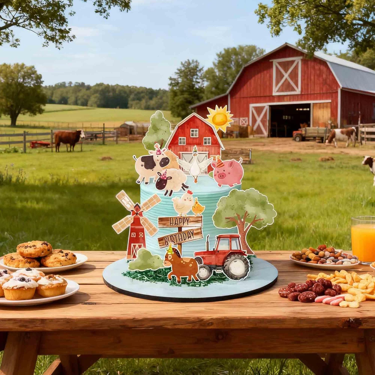 Skiennix 16PCS Farm Animal Birthday Cake Decorations - Fun Party Toppers with Barn, Tractor & Animals
