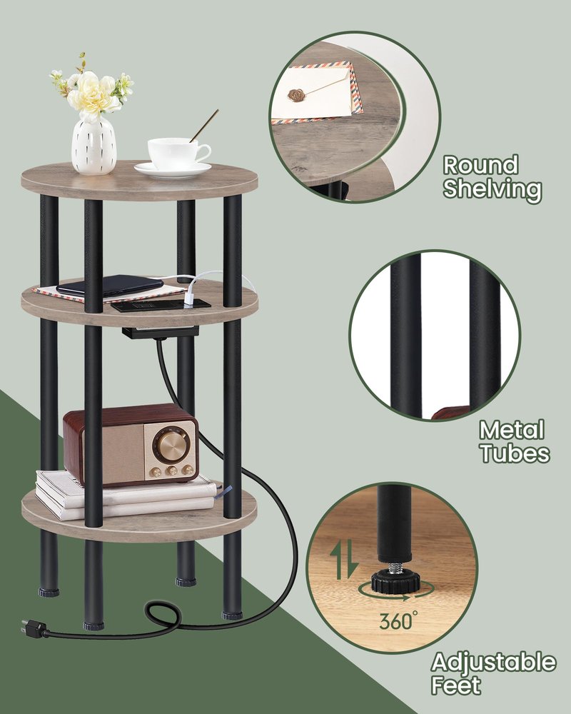CHOEZON Small Round Side Table with Charging Station, Round End Accent Table, 3-Tier Sofa Side Table for Small Spaces, Nightstand for Living Room, Bedroom, Greige and Black TBZ06UFH