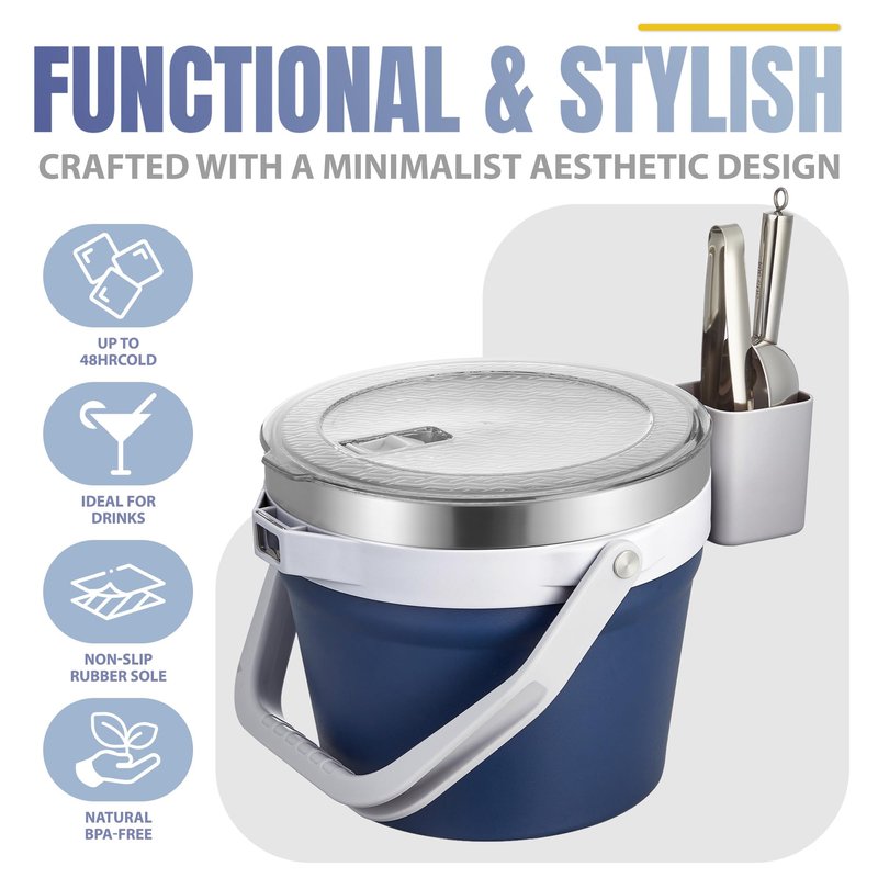 COKTIK 7L Vacuum Insulated Ice Bucket with Lid and Scoop& Tongs，Large capacity Stainless Steel Beverage Bucket for Cocktail, Champagne, Wine, Beer，Large Parties（Dark Blue Suit）
