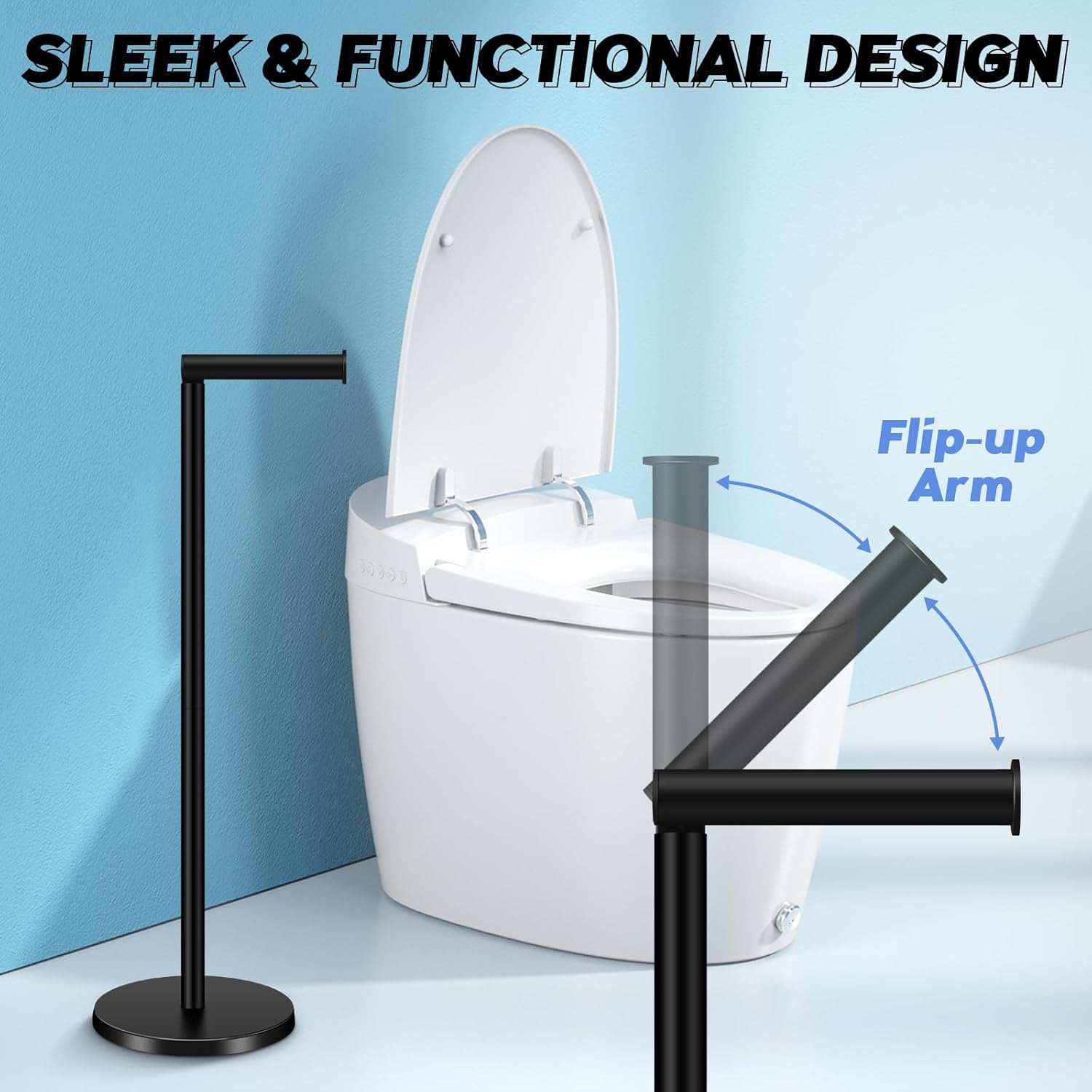 TACGEA Toilet Paper Holder Stand - Stylish Stainless Steel Free Standing Design | Holds 4 Rolls - Black (Set of 2)