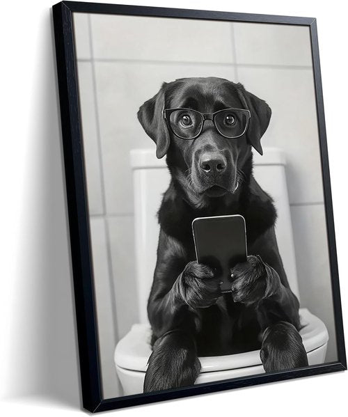 Labrador Dog Canvas Print - Funny Bathroom Wall Art | Cute Animal on Toilet | 8x10 Inch Framed Decor
