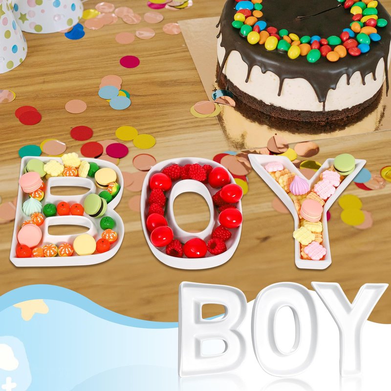 BOY Charcuterie Letters Fillable Ceramic BOY Letter Tray Empty Food Candy Nuts Dish White BOY Letter Set for Baby Shower Gender Reveal Decorations