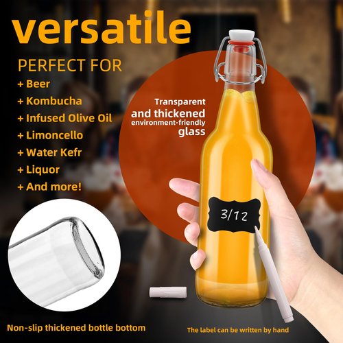 eispap 3 pcs Clear 16oz Beer Bottles with Flip Caps, 16oz Glass Bottle with Swinging Top for Airtight Lids, Home Brewing and Fermentation Kombucha, Vanilla Extract, Beverage, Water