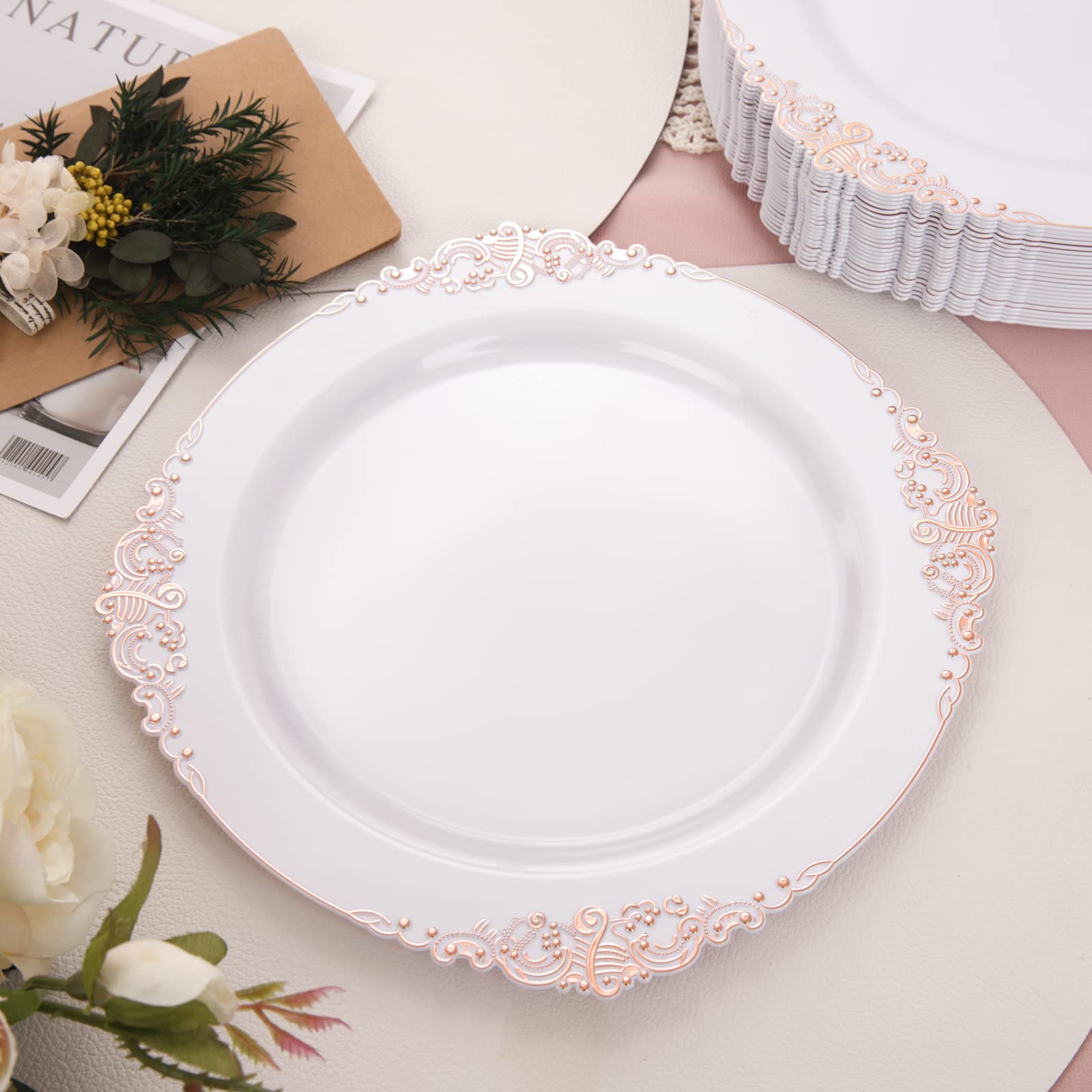 Morejoy 100pcs Plastic Plates - Disposable - 7.5 inch White and Rose Gold Dessert Plates for Weddings & Parties & Shower