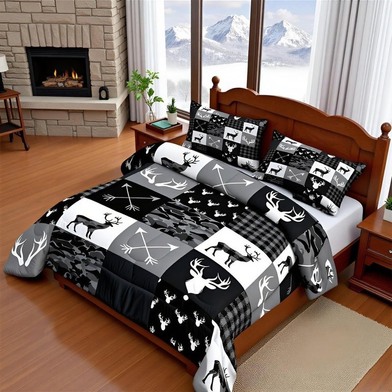 Deer Silhouette Comforter Set Queen Size,Camo Western Rustic Farmhouse Xmas Bedding Set 3pcs for Kids Teens Home Room Decor,Antlers Arrow Geometric Quilt Set,Black Grey Duvet Insert,2 Pillowcases