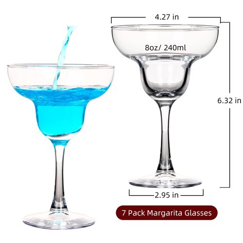 SHYRC Margarita Glasses Set of 7, 8oz Elegant Cocktail Glasses, Stemmed Margarita Wine Glasses, Clear Glass Margarita Cups for Margarita, Martini, Mixing Cocktail or Gin