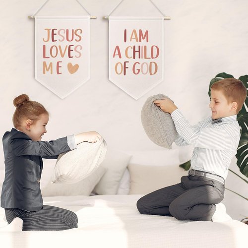 ChissNook Christian Nursery Canvas Banner Set of 2, Boho Nursery Decor Girl Boy Hanging Pennant Banner Flags Wall Display, I Am a Child of God Jesus Loves Me Wall Decor for Kids Room Bedroom Playroom
