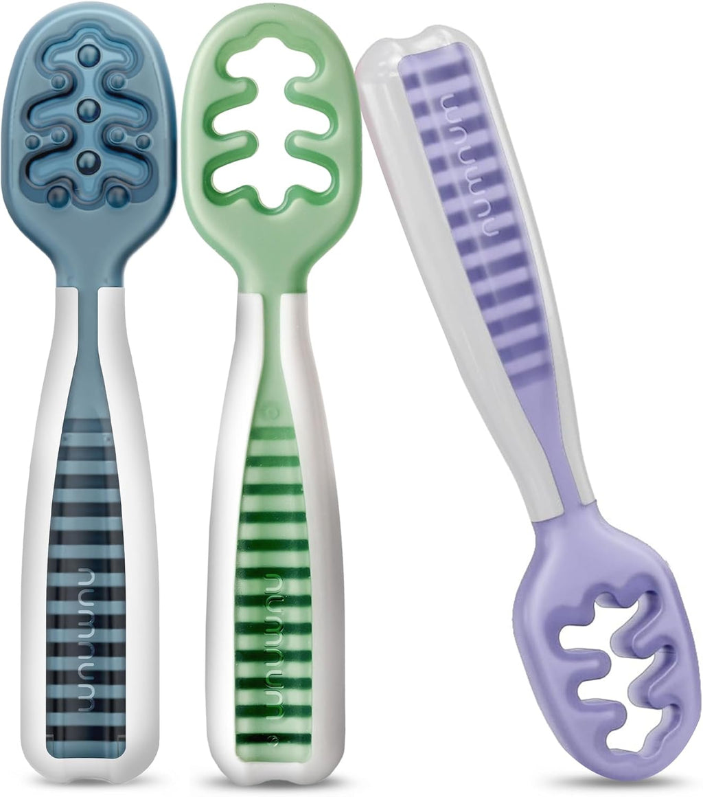 NumNum Baby Spoons Set - Pre-Spoon GOOtensils for 6+ Months | Silicone Toddler Utensils, BPA-Free, 3 Pack Nature Friends