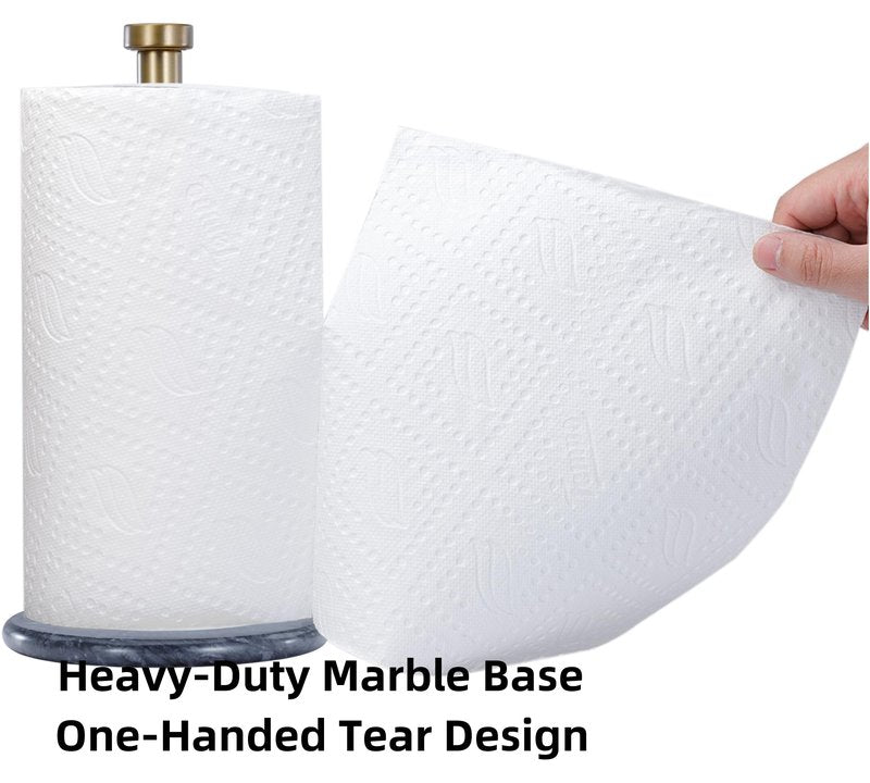 QiYueZaiYe Natural Marble Paper Towel Holder with Metal Rod - 7" Extra Large Base Fits Jumbo Rolls - 2.8 lbs Heavyweight for One-Handed Tearing - Modern Standing Kitchen Towel Rack - Gold/Silver