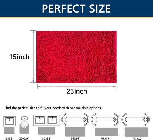 BOANKODU Bath Rugs - Extra Soft Chenille, Quick Dry, Machine Washable | 15x23 Inches, Red