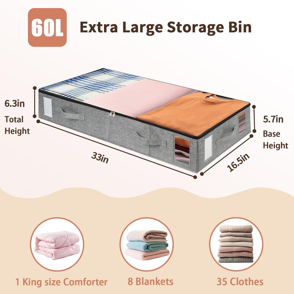 combocube 4 Pack Under Bed Storage Containers, Stackable Closet Organizers and Storage Bins with Sturdy Support, Foldable Underbed Clothes Storage Box for Blanket, Comforter, Sweater, Pillows, Shoes