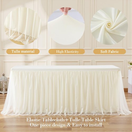 2 Pack 8ft Ivory Tulle Tablecloths for Rectangle Tables, 8 Foot Ivory Rectangular Table Cloth Wrinkle Free Tablecover with Tutu Skirt for Wedding Baby Shower Birthday Party Banquet Buffet Cake