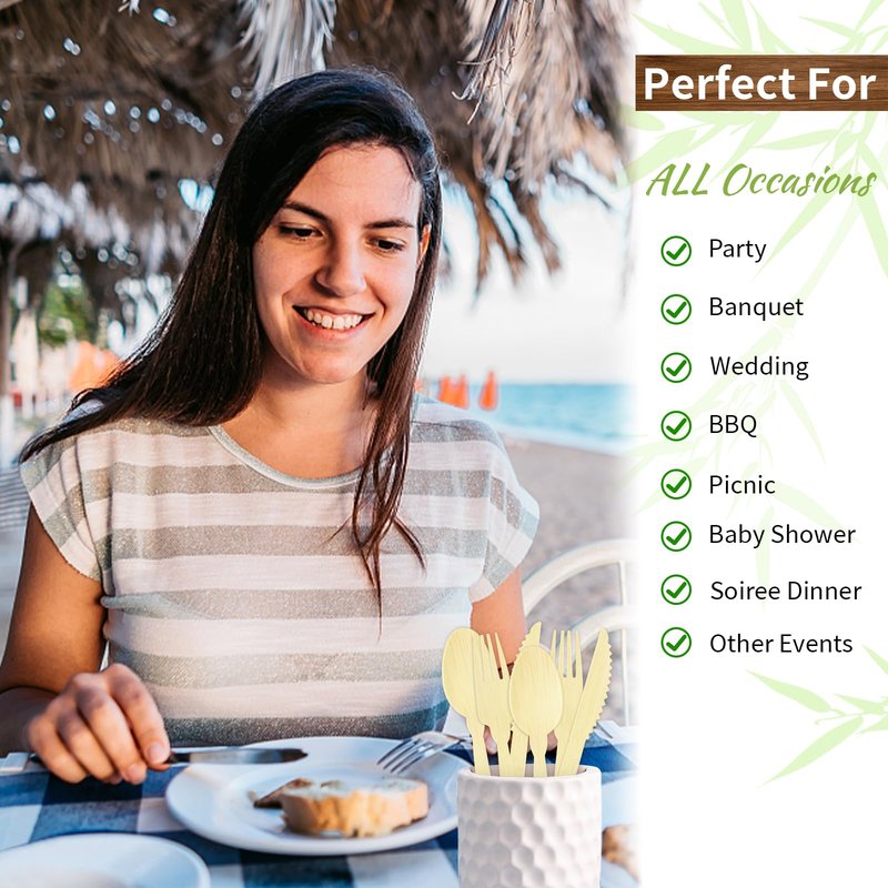 Pre Rolled Napkin and Bamboo Cutlery Set - 100pack Biodegradable Bamboo Silverware/Utensils/Flatware with Napkins, Compostable Wrapped Bamboo Cutlery for Party, Banquet, Wedding
