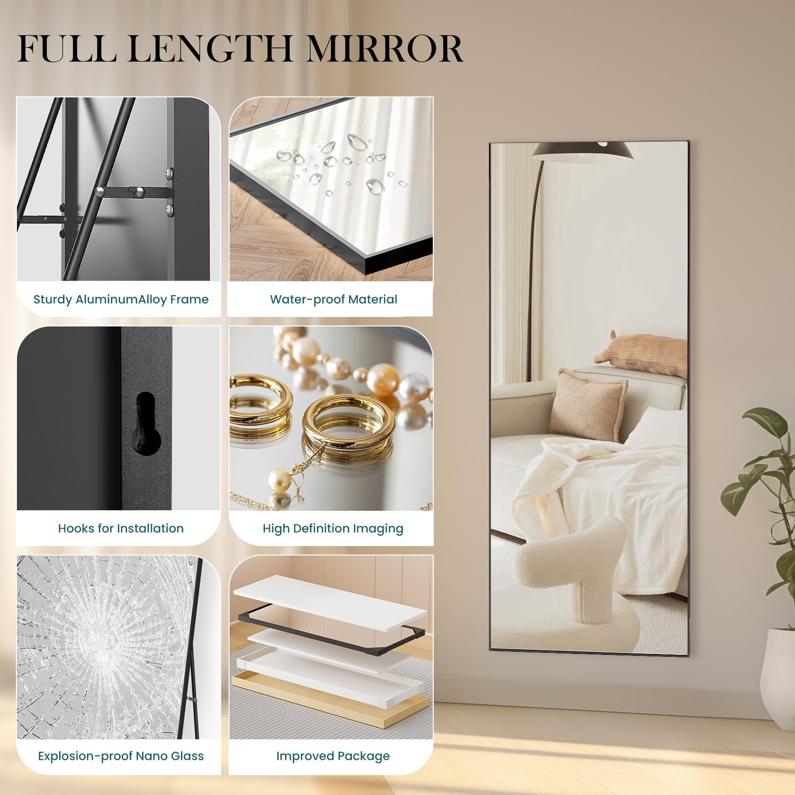 OLIXIS 21"x 64" Wall-Mounted Full Length Mirror, Metal Frame Floor Stand Mirror for Bathroom,Bedroom, Living Room, Entryway (Black)