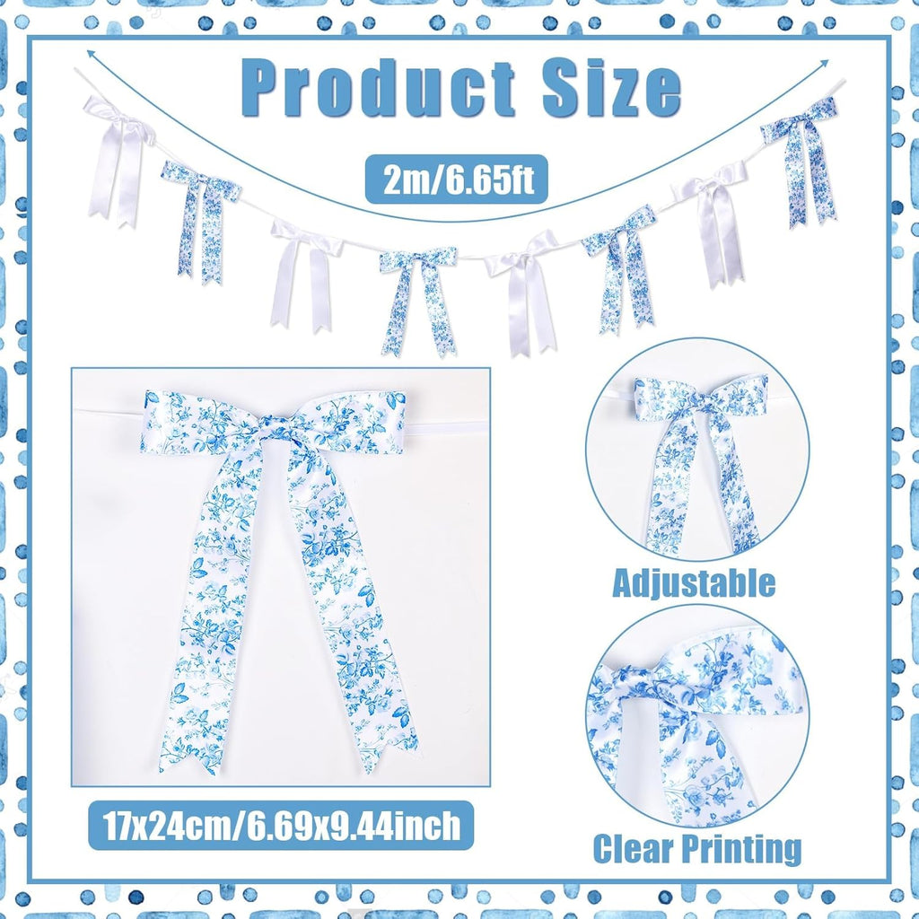 Vintage Floral Bow Garland - 6.65 Ft Blue & White Satin Ribbon Banner for Weddings & Parties