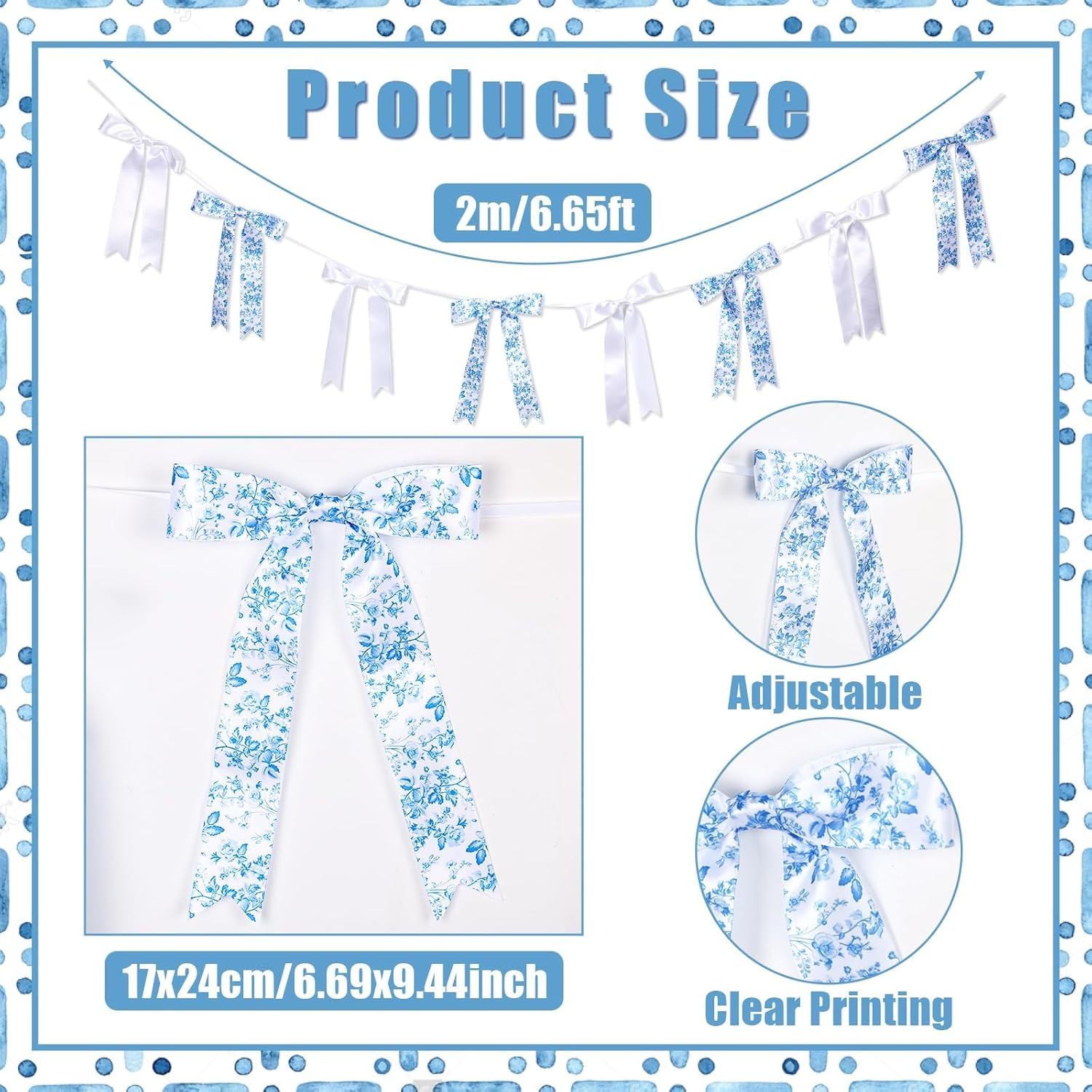Vintage Floral Bow Garland - 6.65 Ft Blue & White Satin Ribbon Banner for Weddings & Parties