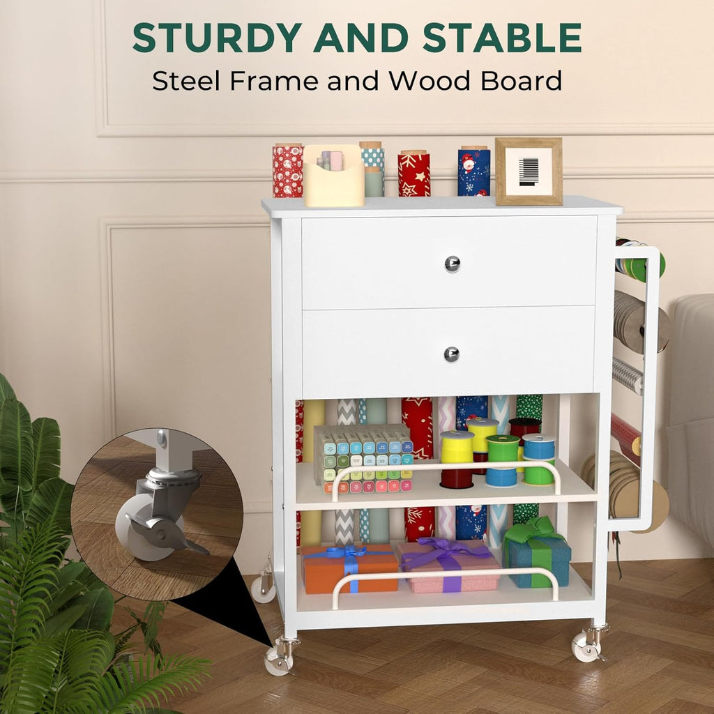 Skiennix Wrapping Paper Organizer - Stylish Craft Cart with Ribbon & Gift Bag Storage | White with 2 Drawers