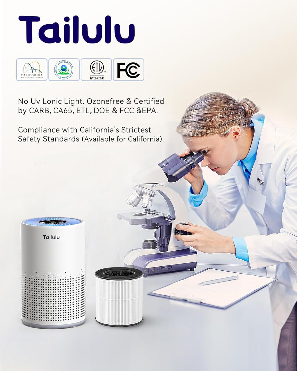 Tailulu H13 True HEPA Air Purifier - Portable 1200 Ft² Cleaner with 12dB Sleep Mode & Timer | Ideal for Pets, Dust & Odors