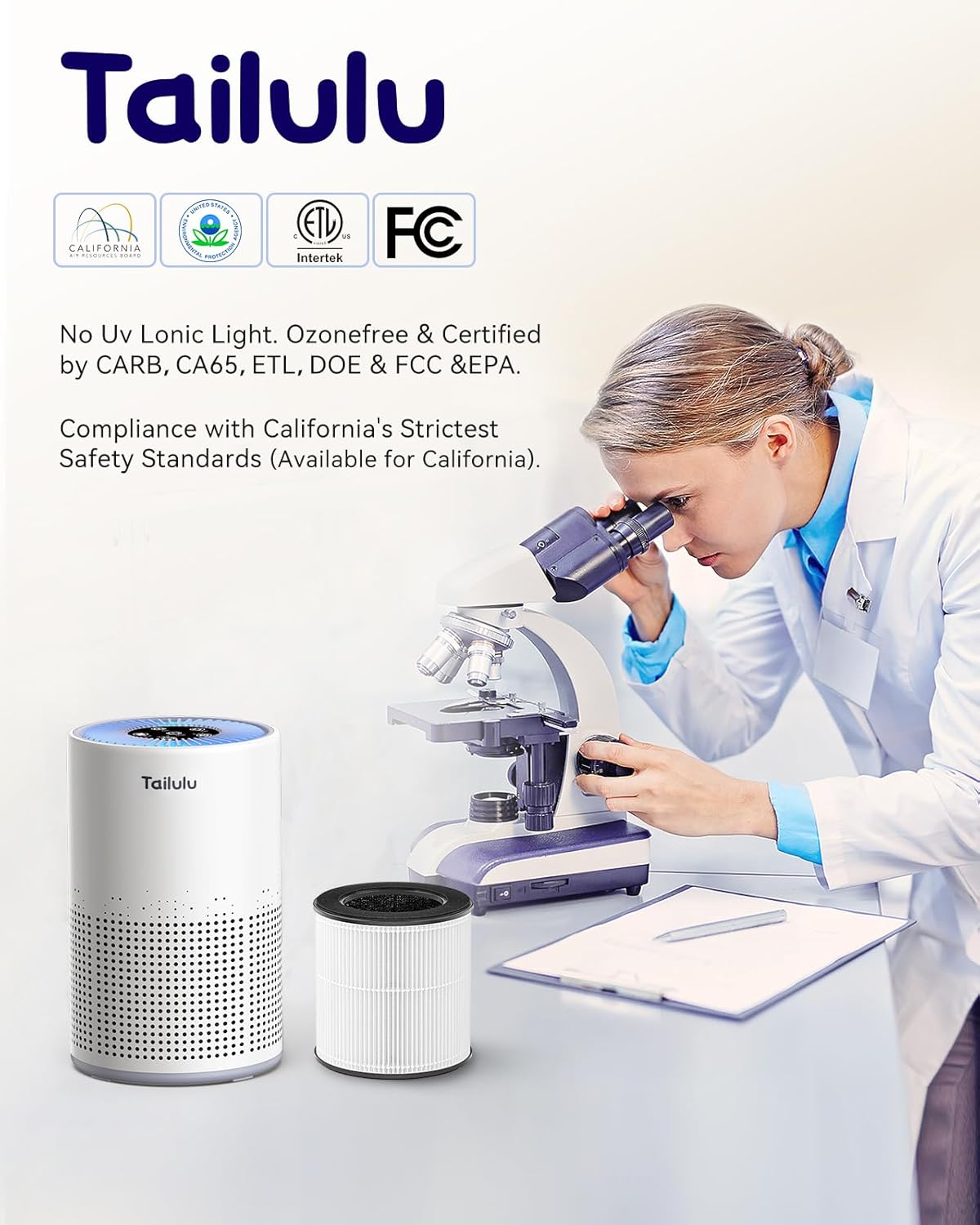 Tailulu H13 True HEPA Air Purifier - Portable 1200 Ft² Cleaner with 12dB Sleep Mode & Timer | Ideal for Pets, Dust & Odors