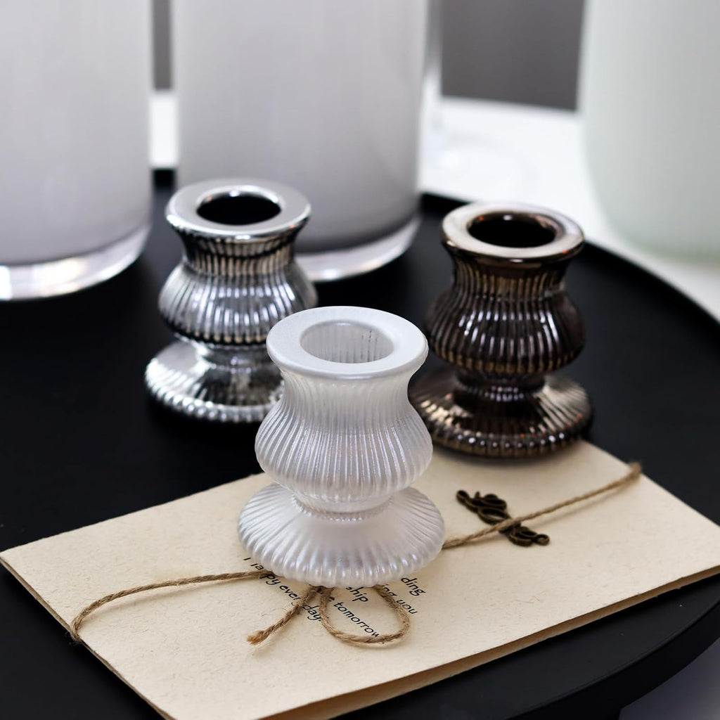 WDHODEC Black & White Candlestick Holders - 12PCS Glass Taper Holders for Elegant Table Centerpieces