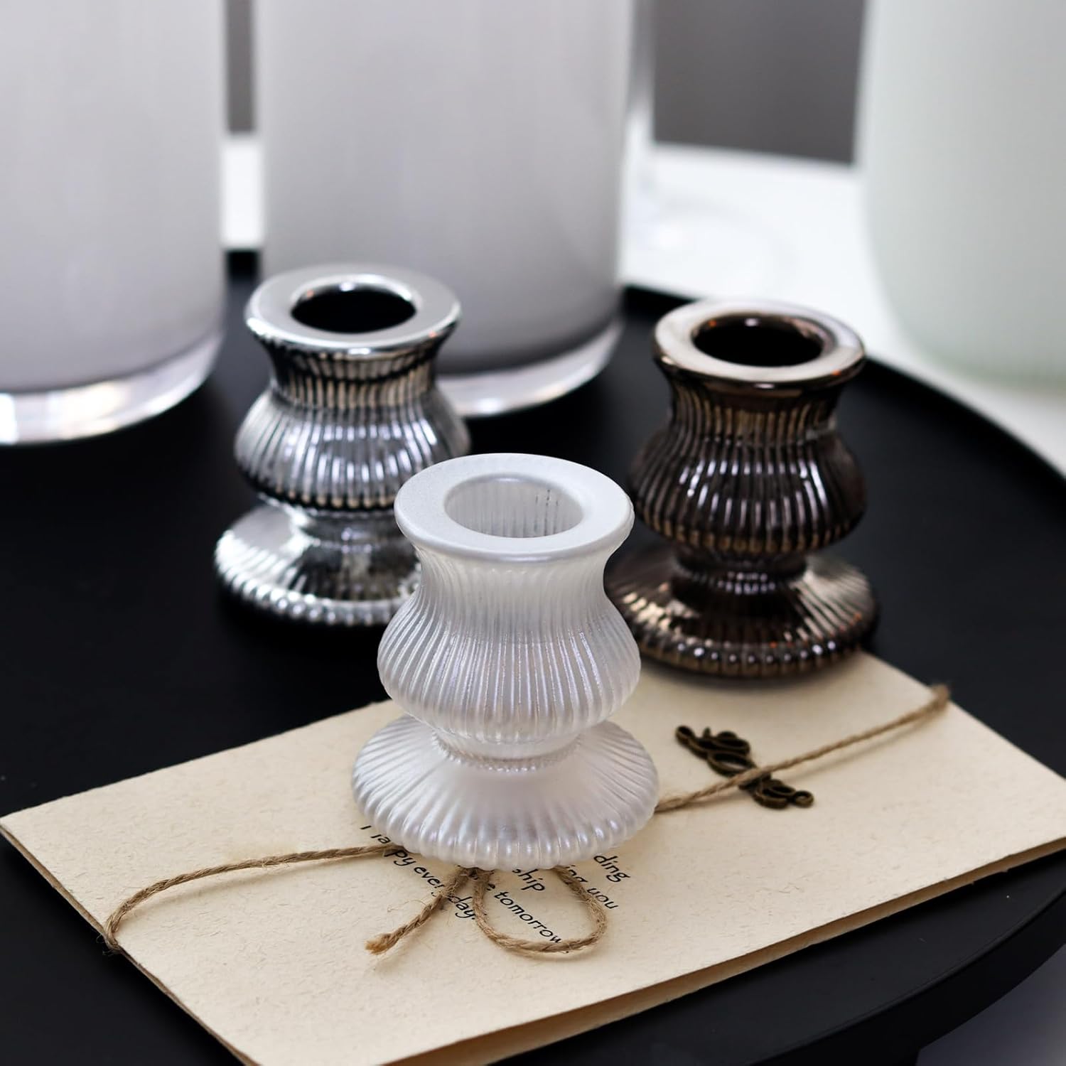 WDHODEC Black & White Candlestick Holders - 12PCS Glass Taper Holders for Elegant Table Centerpieces