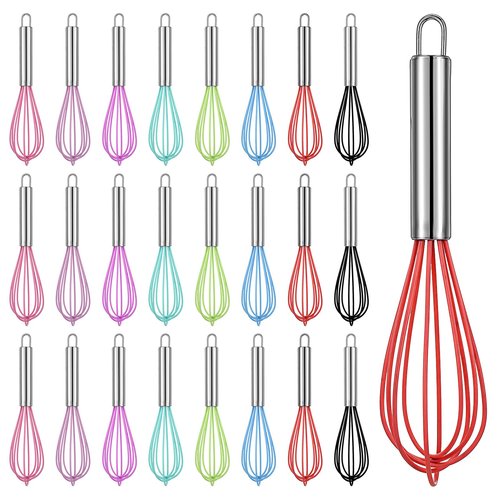 24 Pcs 8 Inch Whisks Bulk for Cooking, Silicone Whisks Non Scratch Stainless Steel Hand Whisk Large Coated Metal Heat Resistant Egg Beaters for Cooking