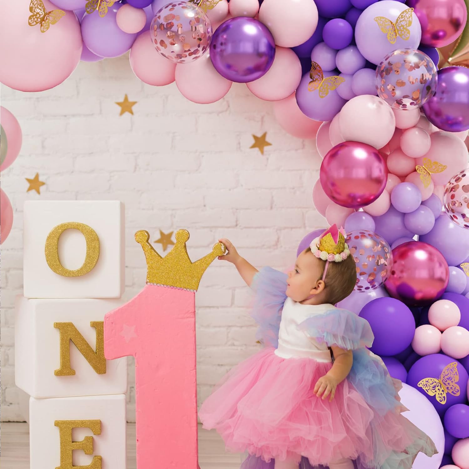 RUBFAC 143-Piece Pink & Purple Balloon Garland Kit - Butterfly Decorations for Baby Showers & Parties