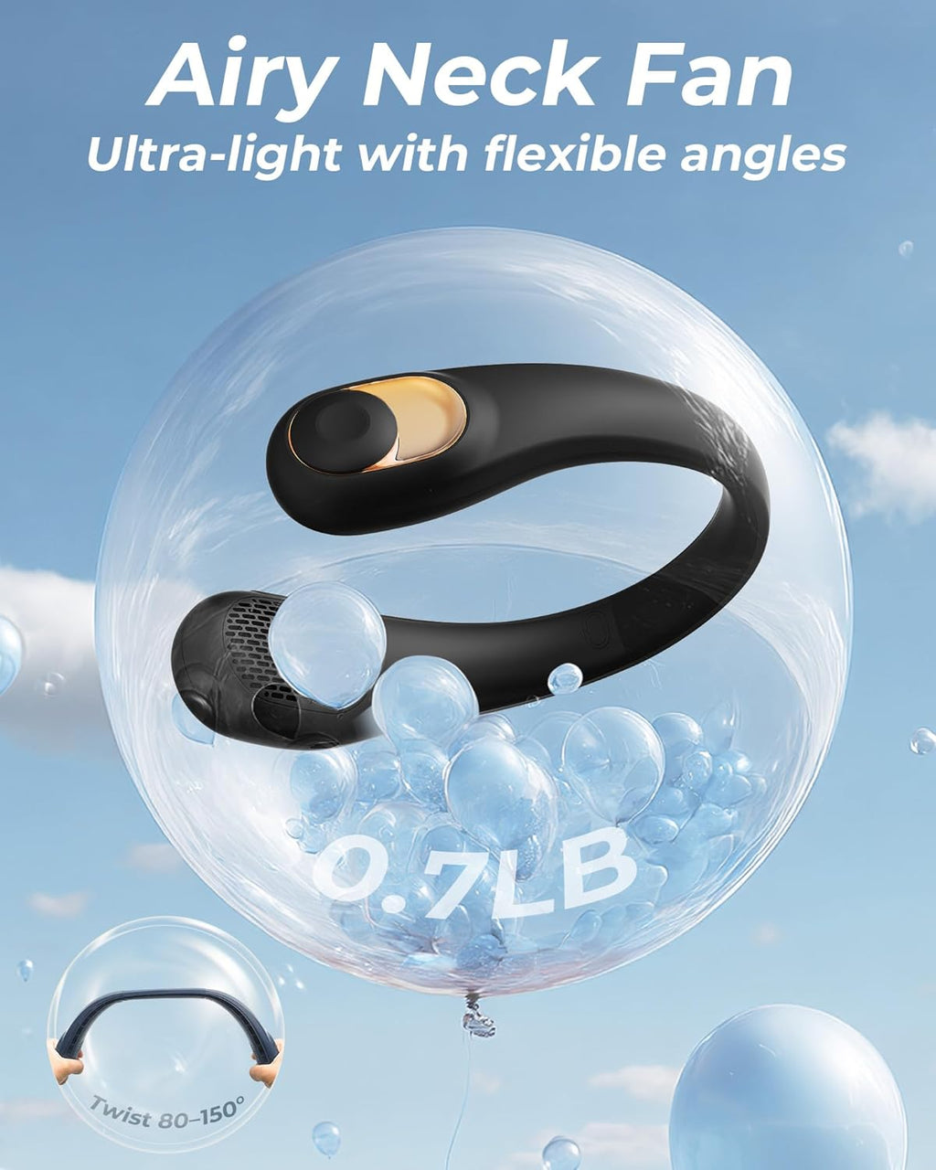 TUNISE Neck Fan - USB-C Rechargeable Personal Fan with LED Display & 3-Speed Settings | 4000mAh Battery